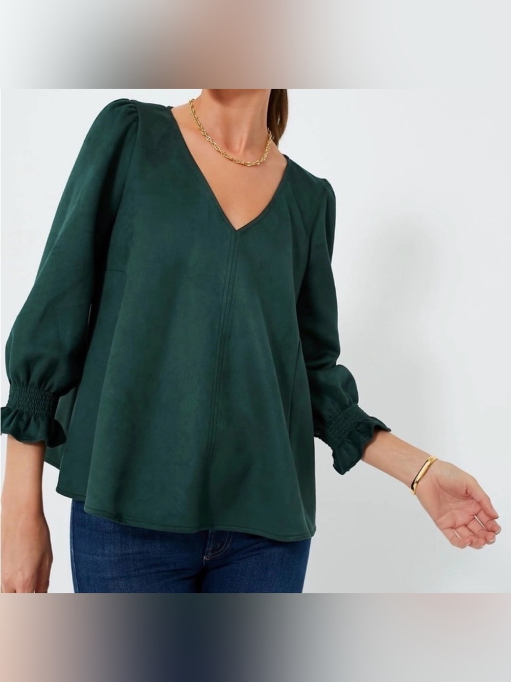 TUCKERNUCK XXL Western Equestrian Faux Suede Blouse Pine Green Ruffle Sleeve Top